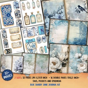 Blaues shabby junk Journal Kit, bedruckbares Folio, Vintage Ephemera, Etikett, Tasche, Dekorpapier, Scrapbook, Collage, Papierhandwerk, Spitze