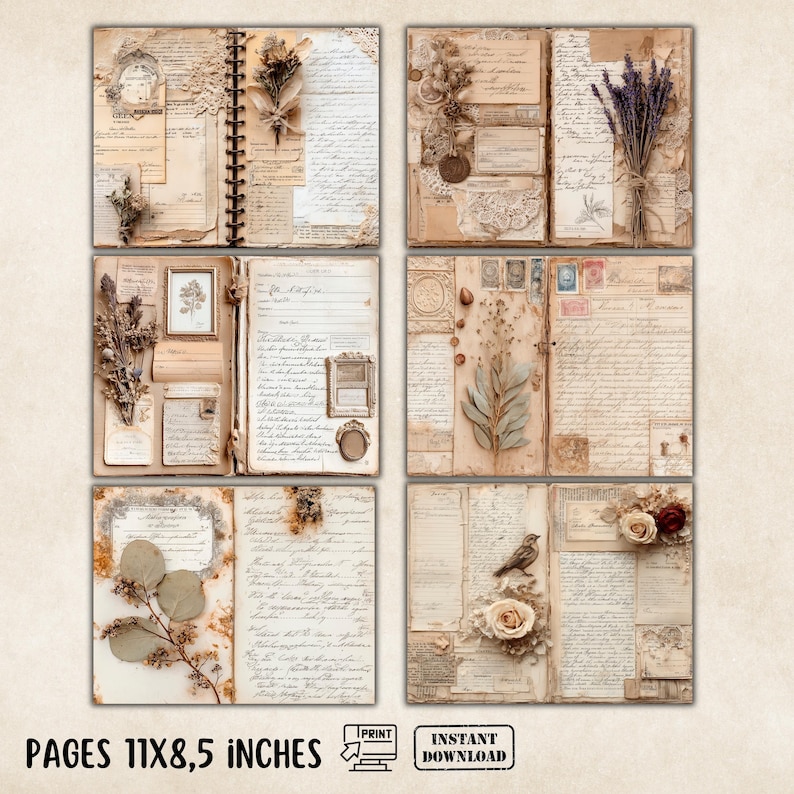 May include: A collection of six vintage-style journal pages, each featuring aged paper, handwritten script, and decorative elements like dried flowers and lace. The pages are 11x8.5 inches. The text at the bottom reads "PAGES 11X8,5 INCHES", "PRINT", and "INSTANT DOWNLOAD".