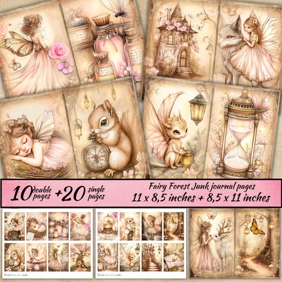 Fairy Forest Junk journal pages, Enchanted printable paper, scrapbook, Magical Meadow Fairy, Junk Journal kit, Faerie Fantasy Collage Sheet