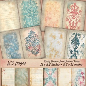 May include: A collection of vintage-style journal pages with distressed edges. The pages feature lined and patterned designs in shades of blue, pink, and beige. The text on the image reads "23 pages" and "Rusty Vintage Junk Journal Pages 11 x 8.5 inches + 8.5 x 11 inches."