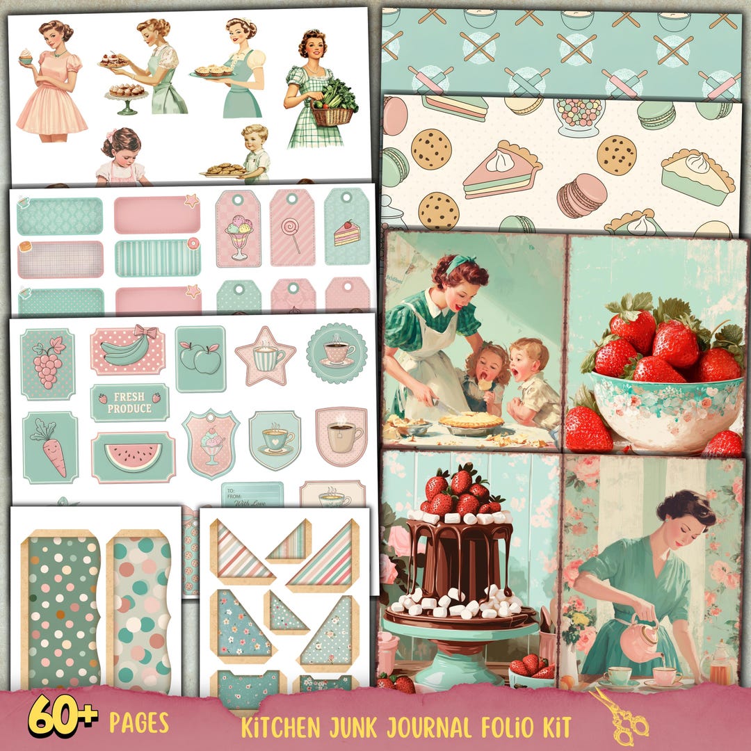 Kitchen Junk Journal Folio Kit, Fussy Cut, Vintage Recipe Scrapbook ...