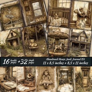 Kit de diario basura de casa abandonada, página de álbum de recortes de fantasía oscura, página de diario gótico, ruina de pétalos descoloridos digital, papel efímero envejecido y desgastado