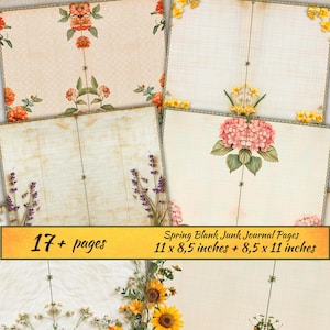Wildflower Blank Junk Journal Pages, Distressed Paper, Printable Floral background, paper kit, scrapbook, old notebook, Grungy collage sheet