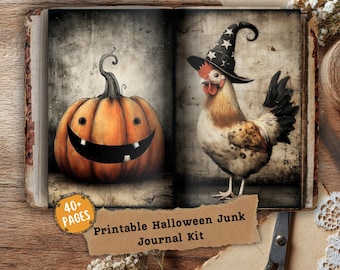 May include: Open book with a Halloween theme. One page features an orange pumpkin with a carved smile. The other page shows a rooster wearing a witch hat. Text reads "Printable Halloween Junk Journal Kit" and "40+ PAGES".