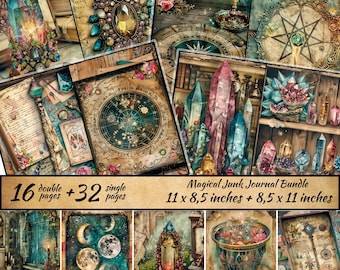May include: A digital collage of 16 double-sided and 32 single-sided pages for a magical junk journal. The pages feature a variety of images, including crystals, stars, and vintage illustrations. The pages are 11 x 8.5 inches and 8.5 x 11 inches.