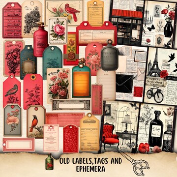 Old labels, tags and ephemera for folio Kit, Vintage fussy cut, Junk Journal Kit, Printable Industrial Grunge Paper, digital collage sheet