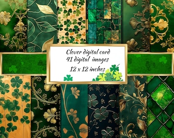 May include: A digital paper pack with 41 images featuring green and gold clover patterns. The images are 12 x 12 inches.