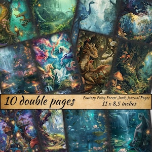 Fantasy Fairy Forest Junk Journal Pages, journal de fées fait main, papier numérique féerique, forêt enchantée, animaux mystiques, journal éphémère