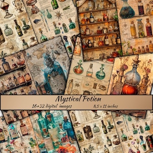 Mystic Potion digital junk journal, Vintage Ephemera, witchcraft books, witch junk journal, Magic Spell Book, Digital Scrapbook Paper Kit