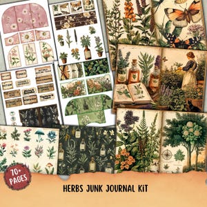 Kit de diário de ervas, itens efêmeros de diário vintage, folha de colagem de herbalista, envelope, etiqueta, bolso, kit de fólio de flores silvestres, botânico, naturalista