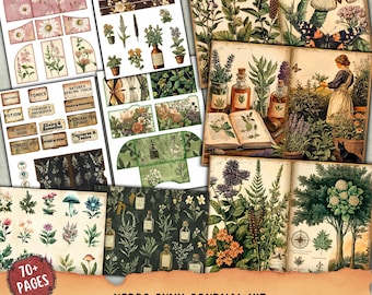 May include: A digital junk journal kit with over 70 pages of printable images featuring herbs, flowers, bottles, and vintage illustrations. The kit includes labels with text such as "Tinctures", "Tonics", "The Secret of Herbs", and "Wildcrafted Magic".