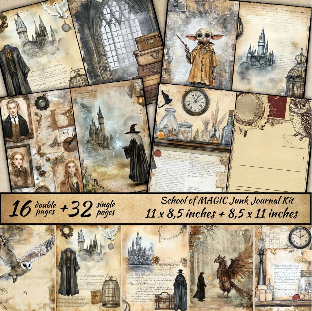 School of Magic Junk Journal Kit, Wizard Digital Collage Sheets, Magic ...