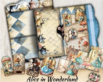 Kit fólio Alice no País das Maravilhas, etiquetas e itens para guardar, diário Shabby Chic Junk, fólio para impressão, artesanato em papel, kit de diário digital, kit fólio Junk