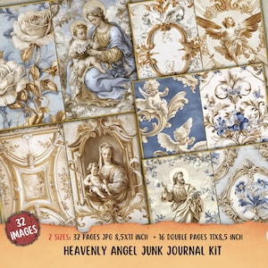 Kit de journal indésirable ange céleste, éphémères de la foi, créations en papier, feuille de collage de prière, vierge à imprimer, écriture sainte, thème religieux à imprimer