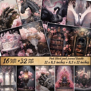 Paquete de diario basura negro rosa, scrapbooking místico, efímera vintage, shabby chic, papel de scrapbooking vintage, páginas de diario, cisne rosa