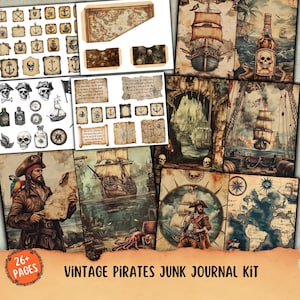 Kit de diario pirata vintage, diario náutico, álbum de recortes digital de papel con barco pirata, efímera submarina, barco pirata marino