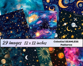 以下が含まれることがあります： 天体デザインを特徴とする、29種類のデジタルシームレスパターンコレクション。パターンには、青、金、紫の色合いの星、月、惑星、銀河が含まれています。各パターンは12 x 12インチです。