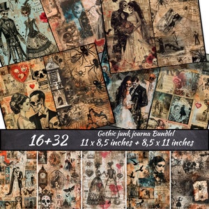 Könnte beinhalten: Ein Set mit 16 digitalen Papieren im gotischen Stil mit einer gruseligen, Vintage-Ästhetik. Die Papiere zeigen Bilder von Skeletten, Spinnen, Schädeln und anderen gotischen Elementen. Die Papiere sind 28 x 21,5 cm und 21,5 x 28 cm groß.