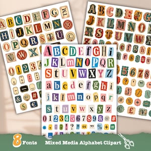 May include: Three sheets of alphabet and number stickers featuring various fonts and styles. The sheets include uppercase and lowercase letters, numbers, and symbols in diverse colours and designs, including torn paper effects and decorative frames.