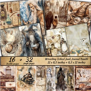 Magic School Junk Journal Bundle, School of wizards Collage Sheets, Wizarding junk journal, Wizards and Books Junk Journal, Digital Ephemera