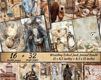 Magic School Junk Journal Bundle, School of wizards Collage Sheets, Wizarding junk journal, Wizards and Books Junk Journal, Digital Ephemera