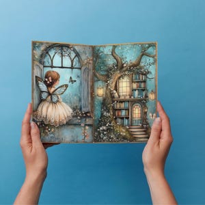 May include: An illustrated open book depicting a fairy with butterfly wings by a window, and a treehouse library. The artwork has a soft, whimsical style with a blue and beige colour palette. The book is held against a blue background.