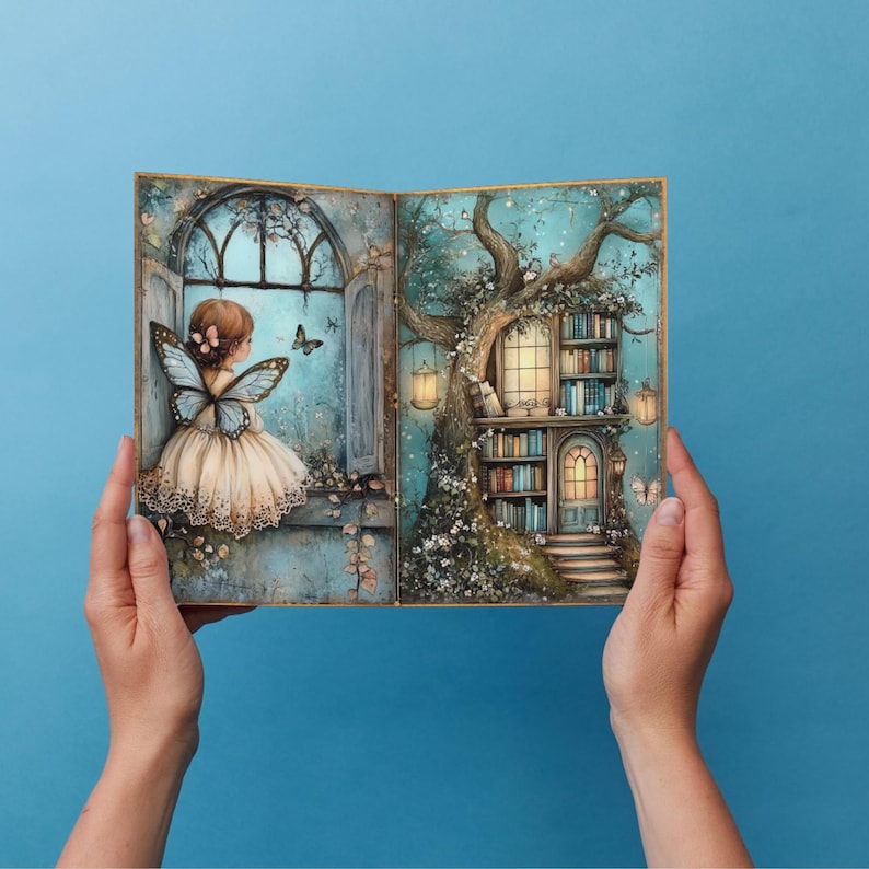 May include: An illustrated open book depicting a fairy with butterfly wings by a window, and a treehouse library. The artwork has a soft, whimsical style with a blue and beige colour palette. The book is held against a blue background.