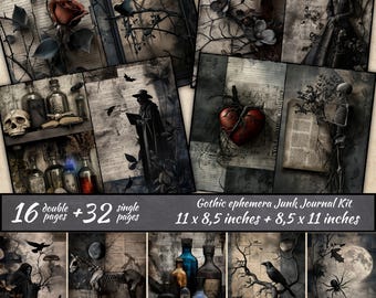 May include: A digital collage kit for junk journals featuring gothic and spooky imagery. The kit includes 16 double-sided pages and 32 single-sided pages, measuring 11 x 8.5 inches and 8.5 x 11 inches.