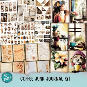 Kit de journal indésirable café, étiquette imprimable, étiquette, pochette, papier effet vieilli, éphémères vintage, feuille de collage papier teint par café, journal vierge