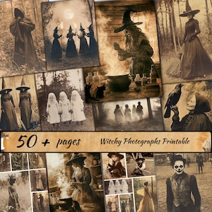 Könnte beinhalten: Eine Collage aus Vintage-Fotos mit Hexen, Krähen und anderen gruseligen Bildern. Die Bilder sind in Schwarzweiß und haben einen Sepia-Ton. Der Text "50+ pages Witchy Photographs Printable" befindet sich am unteren Rand der Collage.