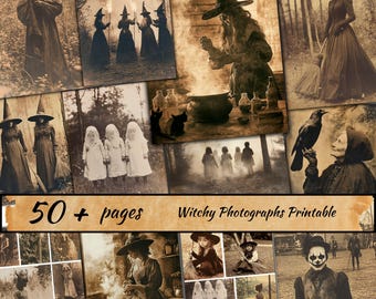 Creepy Witch Junk Journal Pages, Wicca Collage Sheet, Grimoire BOS, Printable Old Witchy Photograph, Vintage Ephemera, Digital Scrapbook Kit