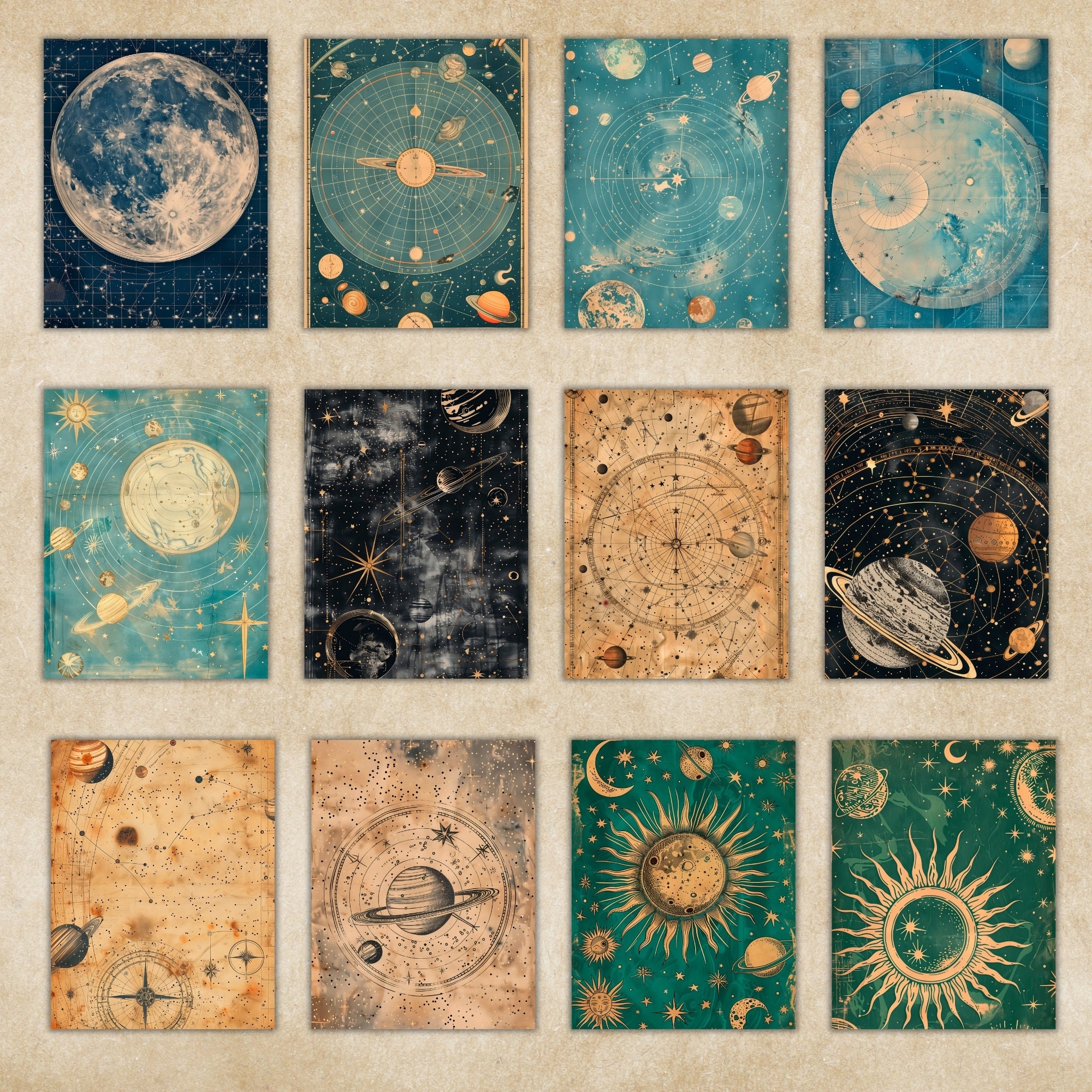 Celestial Retro Digital Paper, Download Zodiac Printable Scrapbook ...