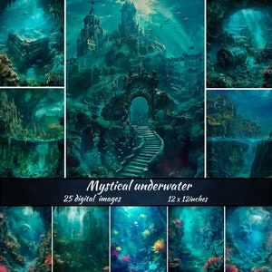 Mystiek onderwaterpapier, digitaal fantasiepakket, sprookjesachtige achtergrond, betoverde onderwaterkunst, onder de zee-achtergrond, betoverde oceaankunst