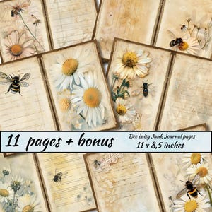 Bienen Gänseblümchen Junk Journal Seiten, Vintage Bee Junk Journal Kit, Gänseblümchen Printable Journal Papier, Digital Collage Sheet, Bienen Sommer Printable Kit