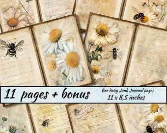 Bee daisy Junk Journal pages , Vintage Bee Junk Journal Kit, Daisy Printable Journal Paper, Digital Collage Sheet, Bee Summer Printable Kit