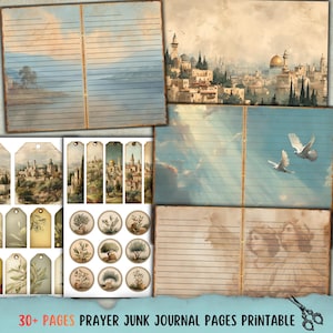 May include: A collection of printable junk journal pages with a vintage aesthetic. The image includes lined paper, tags, and circular embellishments featuring illustrations of landscapes, olive branches, and architectural elements. The text "30+ PAGES PRAYER JUNK JOURNAL PAGES PRINTABLE" is visible.