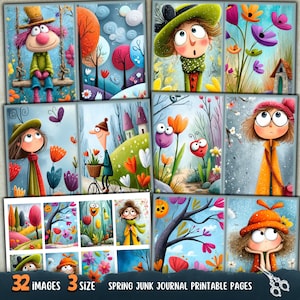Könnte beinhalten: Eine Sammlung von 32 digitalen Kunstbildern mit Frühlingsmotiven. Die Illustrationen zeigen Cartoon-Charaktere, Blumen, Bäume und skurrile Szenen in leuchtenden Farben. Der Text "SPRING JUNK JOURNAL PRINTABLE PAGES" ist sichtbar.