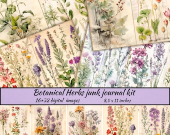 May include: A digital junk journal kit featuring 16-32 botanical herb illustrations. The images are in a vintage style with watercolour-like textures and are perfect for crafting and scrapbooking. The kit includes images of various herbs, flowers, and leaves, all in shades of green, purple, pink, and white.