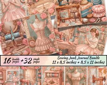 Paquete de diario de costura basura, imprimible victoriano, hoja de collage imprimible de costurera, kit de máquina de coser, ATC efímero, páginas de costura vintage