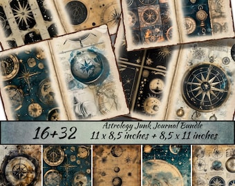 May include: A digital collage sheet featuring 16 images of vintage astrology and compass illustrations in gold, black, and blue tones. The images are arranged in a grid pattern and include celestial bodies, stars, and compass roses. The text "Astrology Junk Journal Bundle" and "11 x 8,5 inches + 8,5 x 11 inches" is included in the image.
