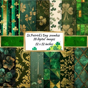 St. Patrick's Day Digitales Papier, vierblättriges Kleeblatt, Junk Journal Seiten, Scrapbook Hintergrund Kit, irisches Shamrock druckbares, nahtloses Muster