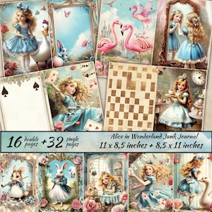 Alice in Wonderland Junk Journal, Wonderland Paper Kit, afdrukbare Alice, sprookjesachtige achtergrond, fantasie plakboek, afdrukbaar konijn Tea party