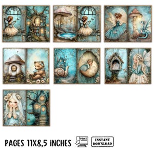 May include: A series of fantasy illustrations depicting fairies, mushrooms, and woodland creatures in a whimsical setting. The artwork uses shades of blue, beige, and brown. The text at the bottom reads "PAGES 11X8,5 INCHES" (27.9 x 21.6 cm).
