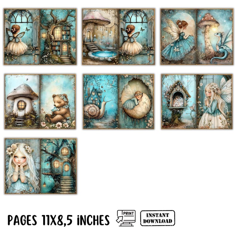 May include: A series of fantasy illustrations depicting fairies, mushrooms, and woodland creatures in a whimsical setting. The artwork uses shades of blue, beige, and brown. The text at the bottom reads "PAGES 11X8,5 INCHES" (27.9 x 21.6 cm).