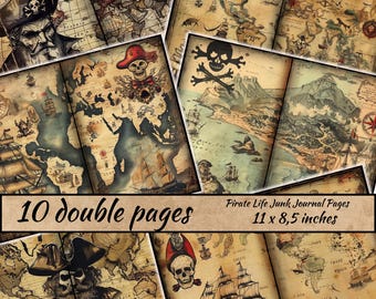 May include: Ten double-sided pages of vintage-style pirate themed junk journal paper. The paper features maps, ships, skulls, and other pirate imagery. The paper is 11 inches by 8.5 inches.