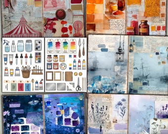 Paint Swatch Junk Journal Pages, Vintage ledger, Scrapbook kit, Art fussy cut,Palette Ephemera, Background Mixed Media, Coffee Dyed paper