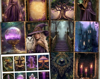 Witch Forest Junk Journal Kit, Fairy Tale Scrapbook, Enchanted Junk journal page, Magical Meadow, Fantasy Forest, Collage Sheet, ATC card