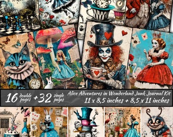 Alice Adventures in Wonderland Junk Journal Kit, Alice in Wonderland Printable Vintage Kit, Magic Junk Journal kit, Digital Paper Ephemera