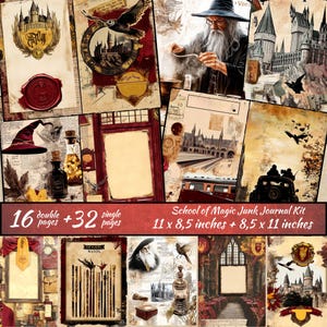 Kit de diario basura de la Escuela de Magia, hojas de collage digitales de magos, kit de diario basura mágico, efímera digital de diario basura de magos y libros