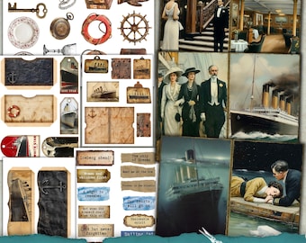 May include: A collage of Titanic-themed ephemera and illustrations. Includes vintage-style images of the ship, passengers, and quotes. Also features decorative elements like a life preserver, key, and gloves. The text "TITANIC JUNK JOURNAL KIT" is at the bottom.